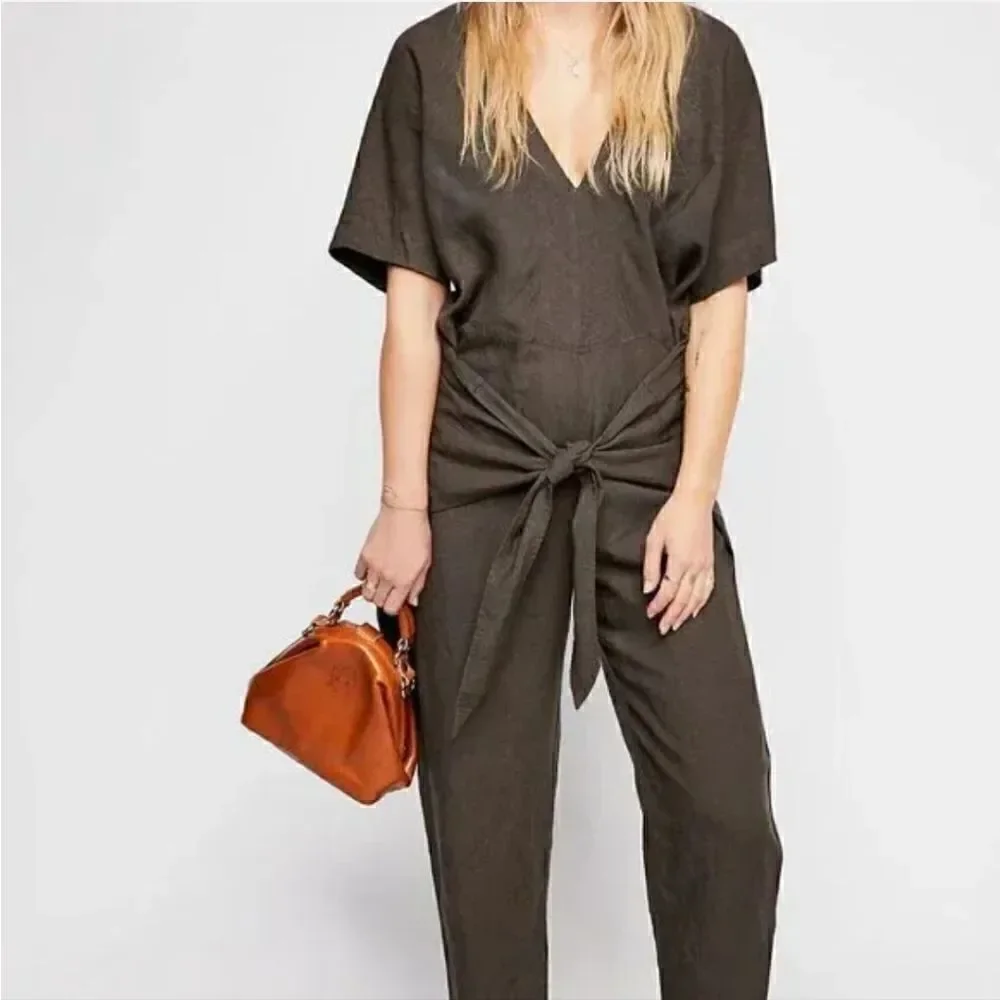 Free People Sherbet Linen Blend Front Tie Jumpsuit Romper Size M